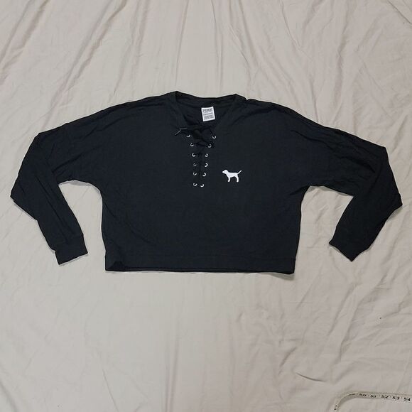 PINK LONG-SLEEVE BLACK "LOVE PINK" CROP TOP WITH LACES, SIZE XS - Picture 1 of 8